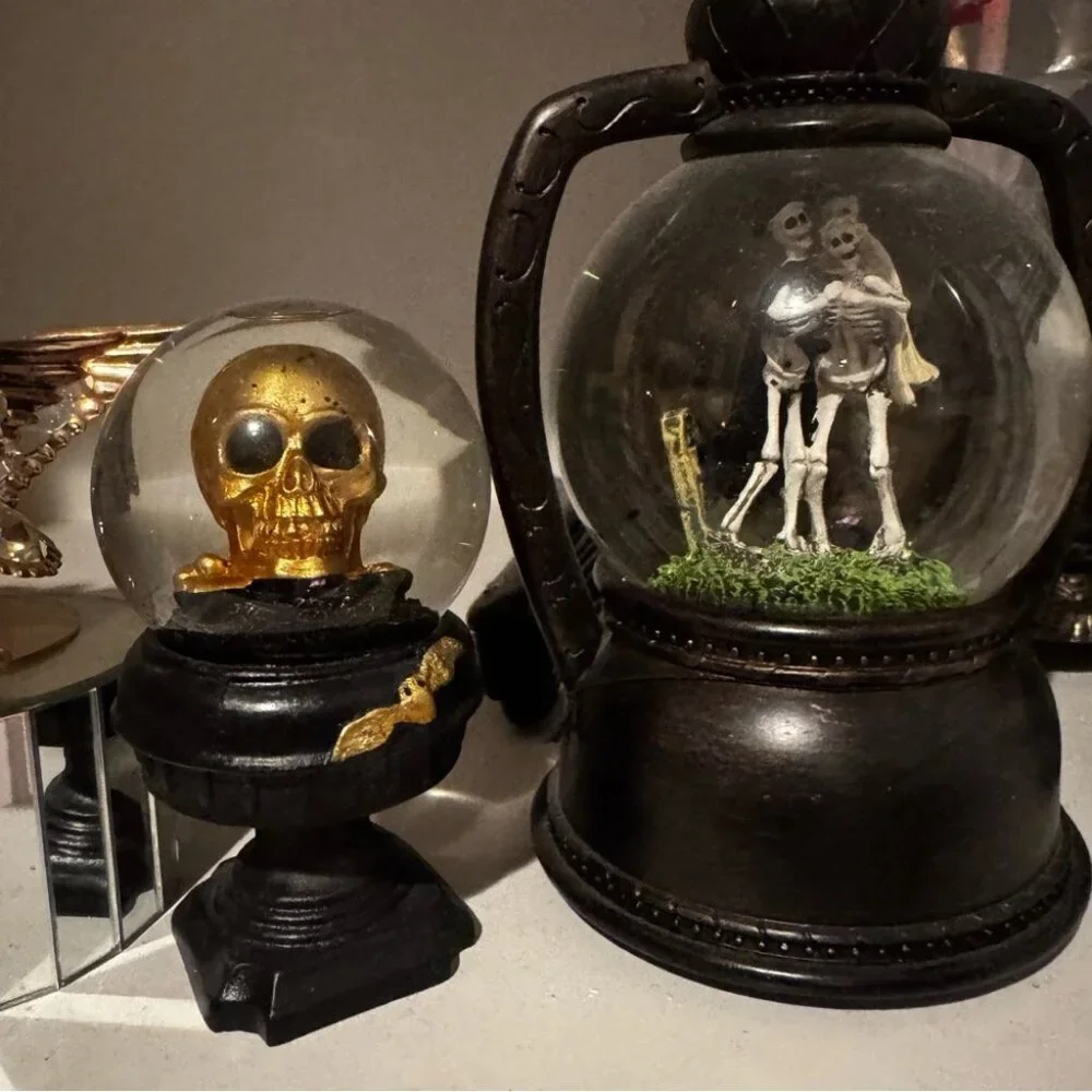 3 set Skeleton Snow Globe with Black Base different scenes dancing love skulls